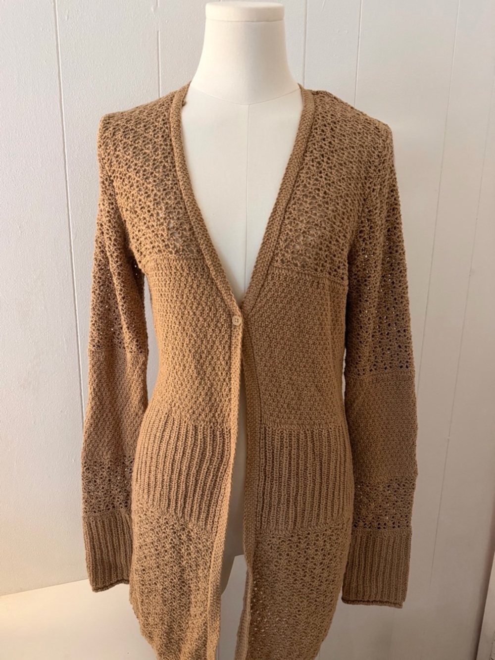 American Eagle Outfitters Camel Open-Knit Button Cardigan